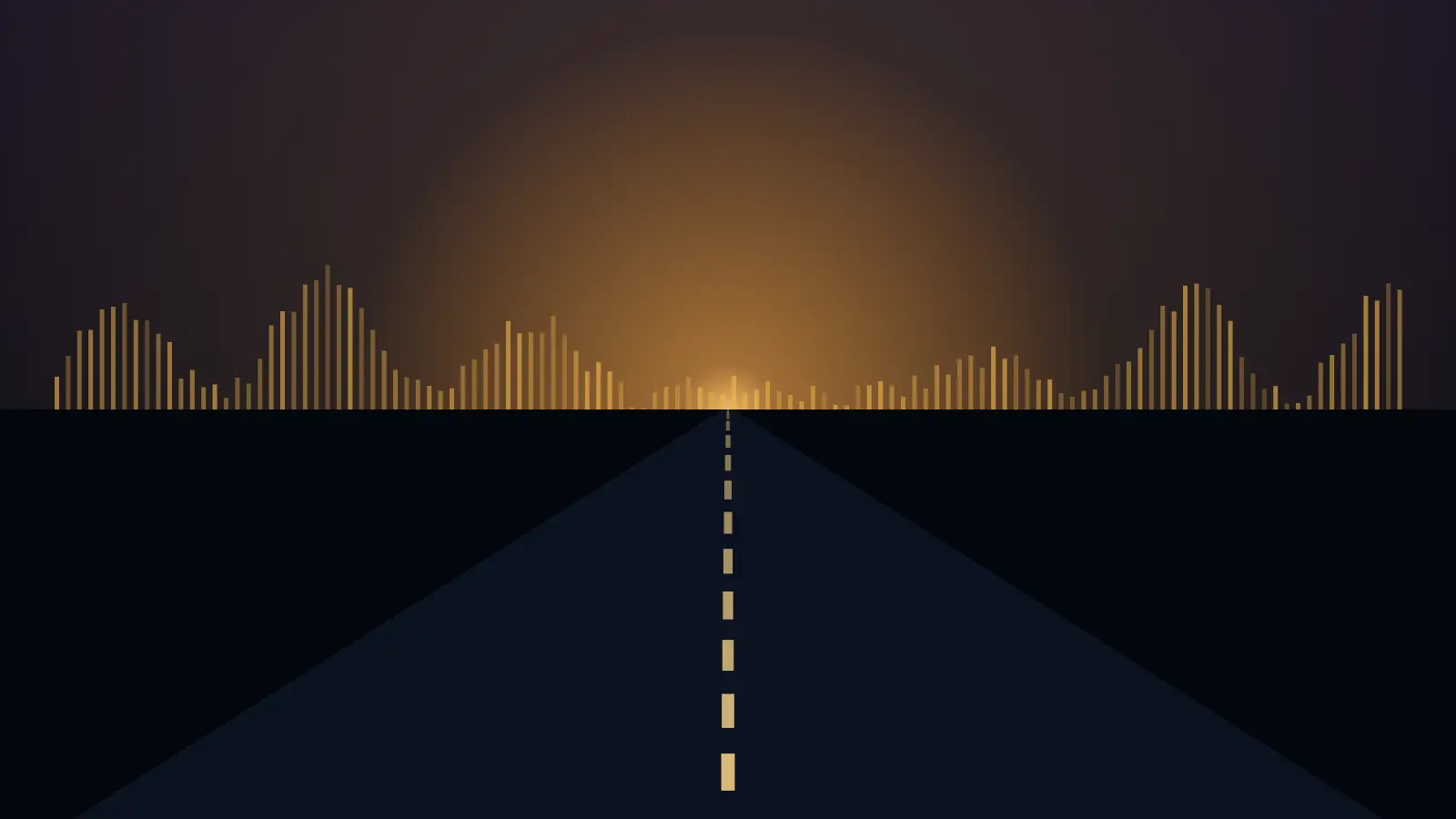 A highway at sunrise with an audio waveform on the horizon.