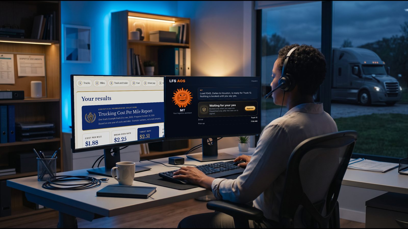 A dispatcher's desk at night: one monitor shows the LFS trucking cost per mile calculator's report, the other shows LFS AOS with MT.