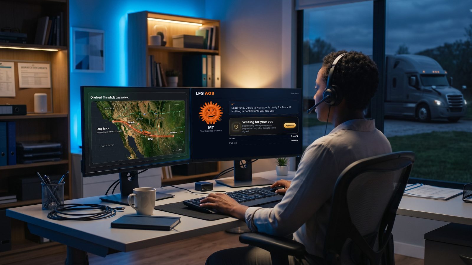 A dispatcher at two monitors at night: a US freight map on one screen and LFS AOS with MT, the logistics assistant, on the other, with a semi-truck outside the window.