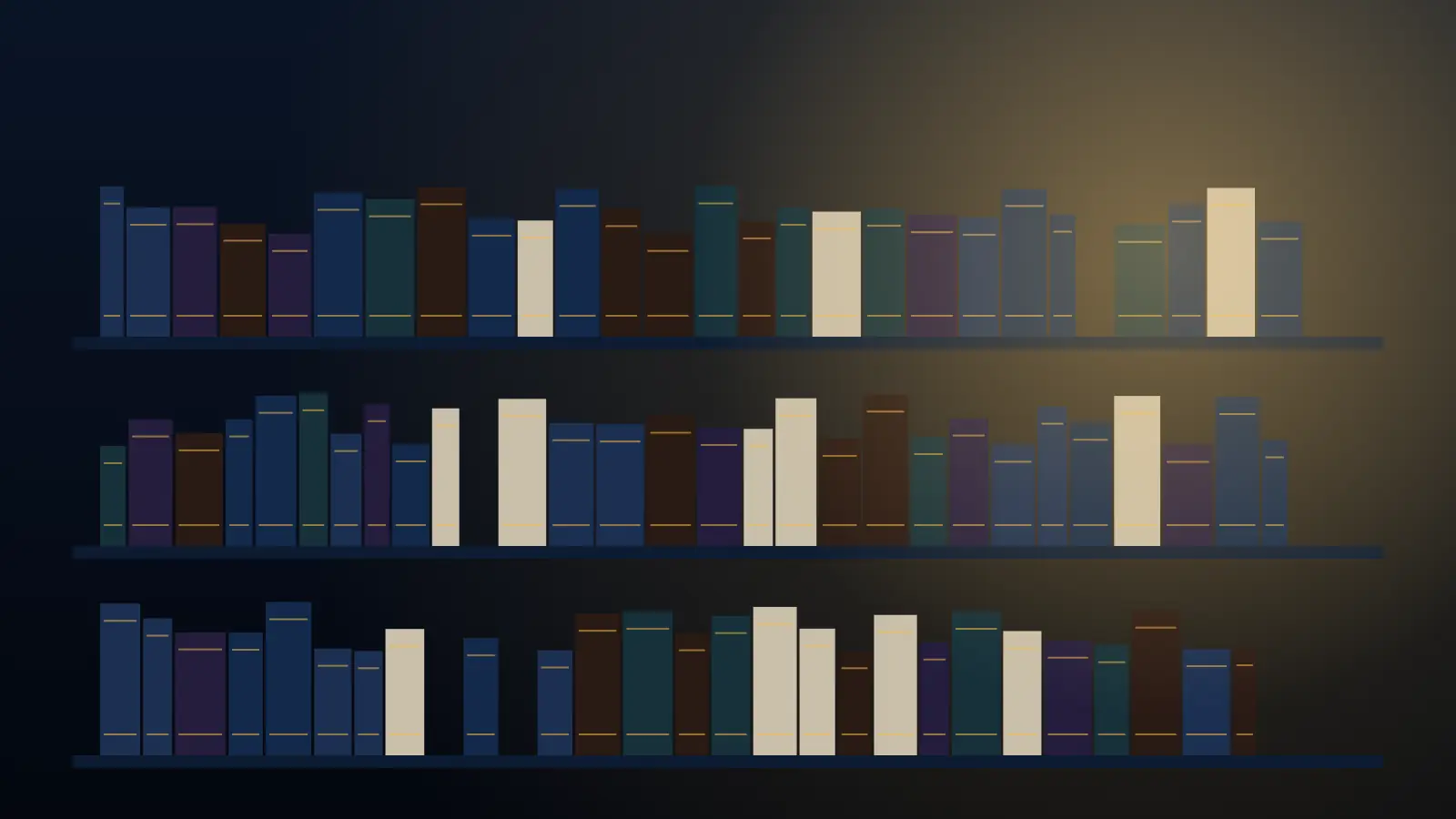 Shelves of books in warm lamplight.