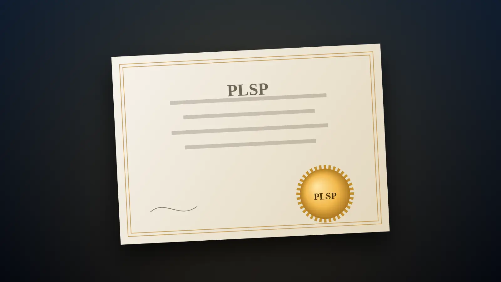 A PLSP certificate with a gold seal.