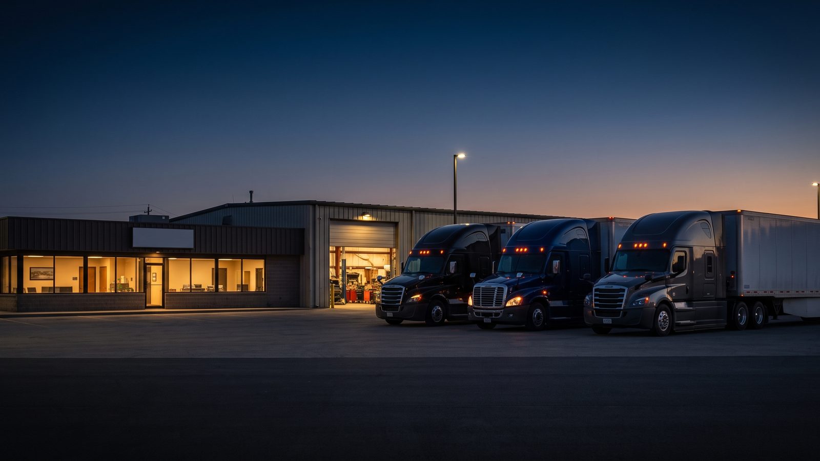 Three semi-trucks parked outside a small trucking company's shop and office at dusk, the bay door lit.