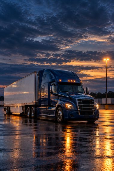 AI-generated illustration of an unseated truck parked in a quiet yard at dusk.