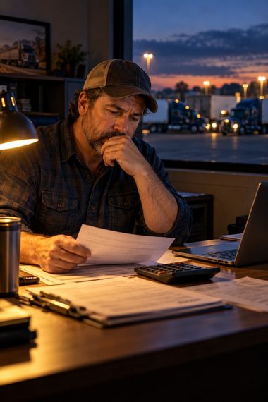 AI-generated illustration of a trucking business owner reviewing financial paperwork.