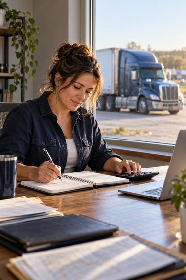 AI-generated illustration of a fleet owner studying costs and operations at a desk.