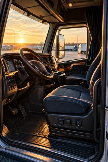 AI-generated illustration of an empty truck cab in morning light.