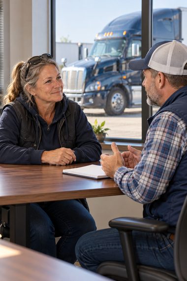 AI-generated illustration of a driver and fleet owner discussing a job.