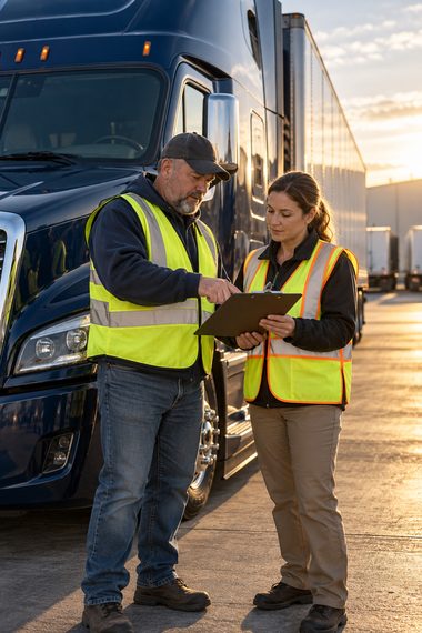 AI-generated illustration of a driver and safety manager reviewing a checklist beside a parked truck.