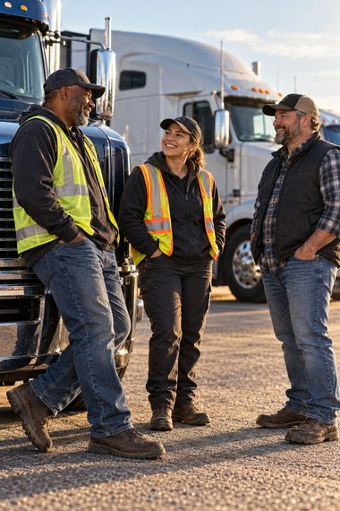 AI-generated illustration of trucking professionals talking beside parked trucks.