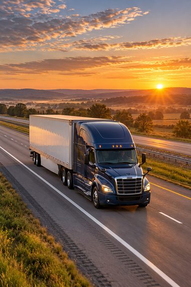 AI-generated illustration of a truck traveling on a rural highway at sunrise.